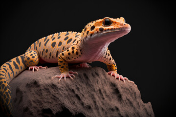 close up of a leopard gecko on a coral stone front view of a leopard gecko close up of a leopard gecko against a dark backdrop. Generative AI