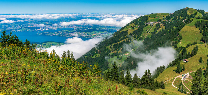 Switzerland 2022, Beautiful view of the Alps from Rigi Kulm. Kaltbad.