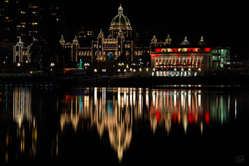 Victoria BC Christmas lights reflected in the harbor
