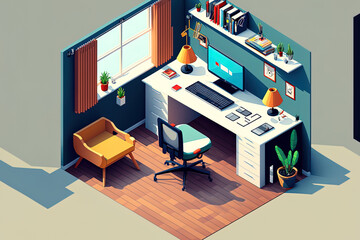 Concept of a messy home office with a mockup of a laptop and other items. working from home idea. set of the home's inner functioning spaces in isometric perspective. Blank screen on a laptop