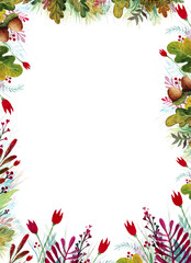 Forest plants flowers frame isolated on white.