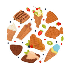 Crispy waffles in round shape. Tasty desserts with cream, berries and fruits for breakfast menu banner, poster, card design template cartoon vector