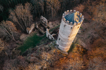 Aerial view of Gothic-Renaissance Selmberk castle ruin near the village of Mlada Vozice,Czech...