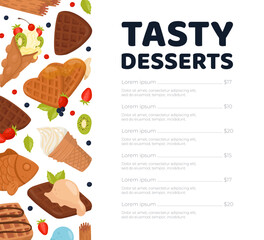 Tasty desserts menu layout for cafe or restaurant. Crispy waffles placemat delicious food brochure cartoon vector