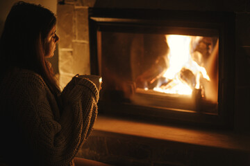 Stylish woman with warm cup of tea sitting at cozy fireplace in dark evening room. Fireplace heating in house, electricity blackout. Atmospheric time at fireside in home