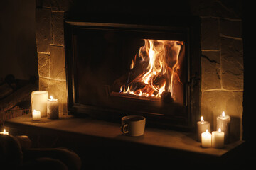 Warm cup of tea and candles at cozy burning fireplace in dark evening room. Fireplace heating in...