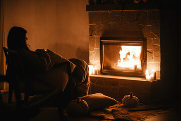 Silhouette of woman with warm cup of tea sitting at cozy fireplace in dark evening room. Fireplace...