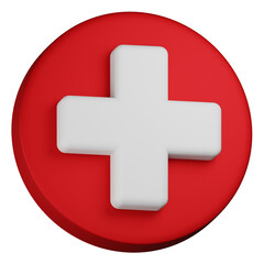 Red circle button with health care emergency aid 3d icon plus white