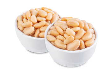 Fresh canned white beans in a bowl on a white isolated background