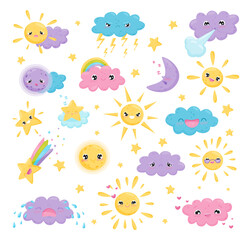 Weather cute characters set. Clouds, sun and moon with funny faces cartoon vector illustration