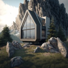 Obraz na płótnie Canvas High-Detail Realistic Render of a Modern Tiny House Above a Mountain - Illustration Generated by Artificial Intelligence