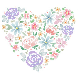 Watercolor floral heart. Boho flowers for  Valentine's day.  Wedding design. 