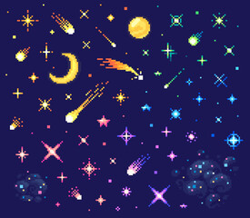 Pixel art set of stars. Starry sky with different shapes and colors of stars