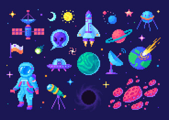Space exploring icons set in pixel art. Pixelated cartoon elements about cosmos