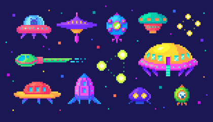 Pixel art set of UFO, alien shuttles. Pixelated cartoon elements about cosmos