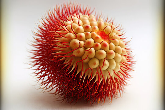 On a white backdrop, a rambutan. Generative AI