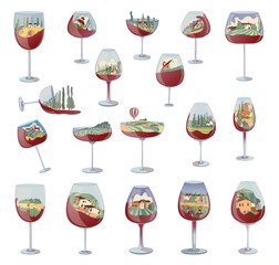 Beautiful nature landscapes inside wine glasses set. Transparent glass goblets with scenes of nature inside vector illustration