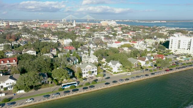 Aerial perspectives of The Battery area of Charleston SC, with Arthur Ravenel Jr. Bridge in the background.