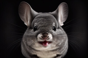 Illustration portrait of a cute chinchilla making a laughing happy face in front of black background. Generative ai