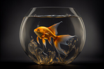 Naklejka na ściany i meble Illustration of a beautiful goldfish in a fish bowl in front of black background. Generative ai