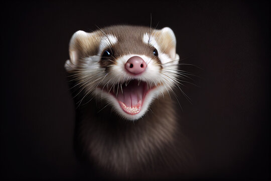 Illustration portrait of a brown happy laughing ferret on dark background. Generative ai