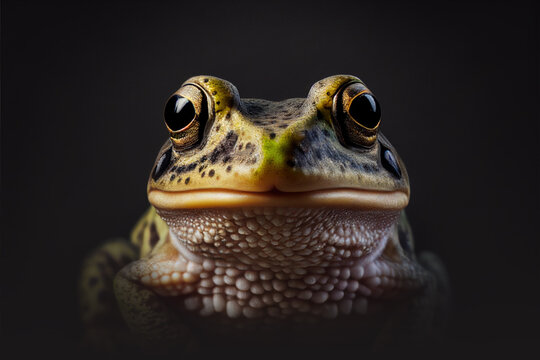 Illustration portrait of a green frog looking curious into the camera with a happy face on dark background. Generative ai