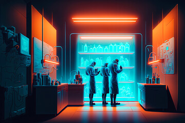 Interior Fantasy biochemical laboratory. Neon light. AI