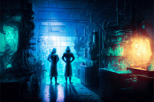Interior Fantasy biochemical laboratory. Neon light. AI