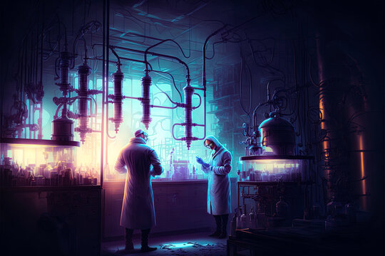 Interior Fantasy biochemical laboratory. Neon light. AI