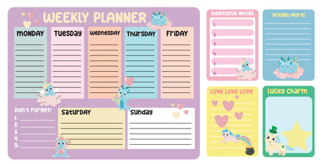 Cute weekly planner background for kids with mythology animals. Beautiful note template. Cute dragons and unicorns design for children. Vector template for agenda, planners, notes, timetable © idcreative.ddid