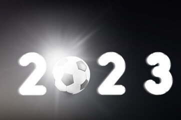 Greeting new year card with 2023 numbers and ball