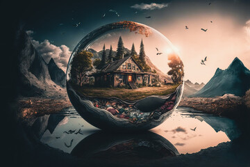 House in a bubble, mountains and birds concept, Generative AI