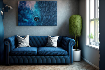 Blue sofa and wall in living room. Generative AI