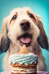 Portrait von einem Hund mit Partyhut und Geburtstagstorte am Geburtstag feiern vor pastellfarbenen Hintergrund
