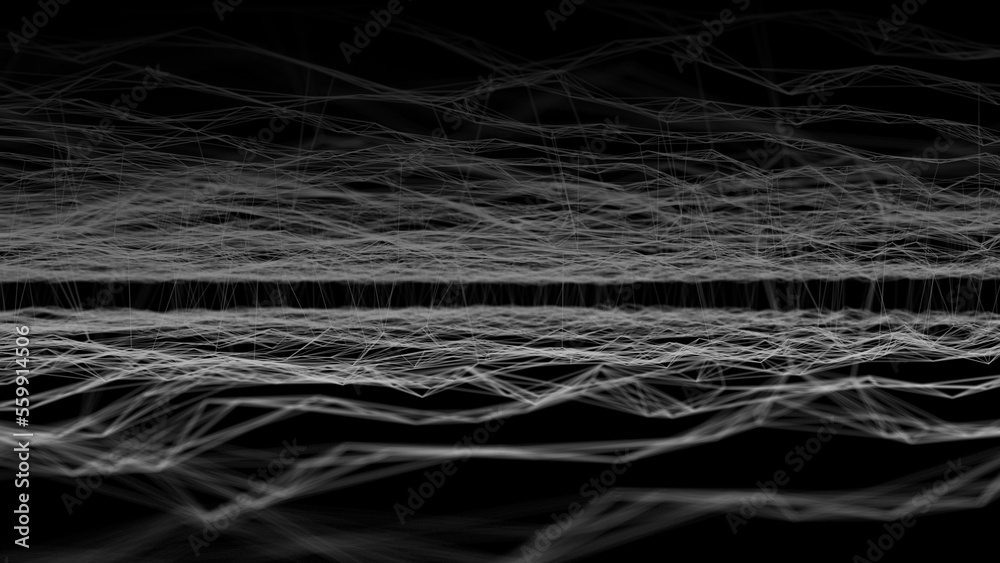Poster Wave of digital particles on a black background. Abstract interlacing lines and points. Digital connection of elements. Simulation of the movement of small particles. 3D rendering.