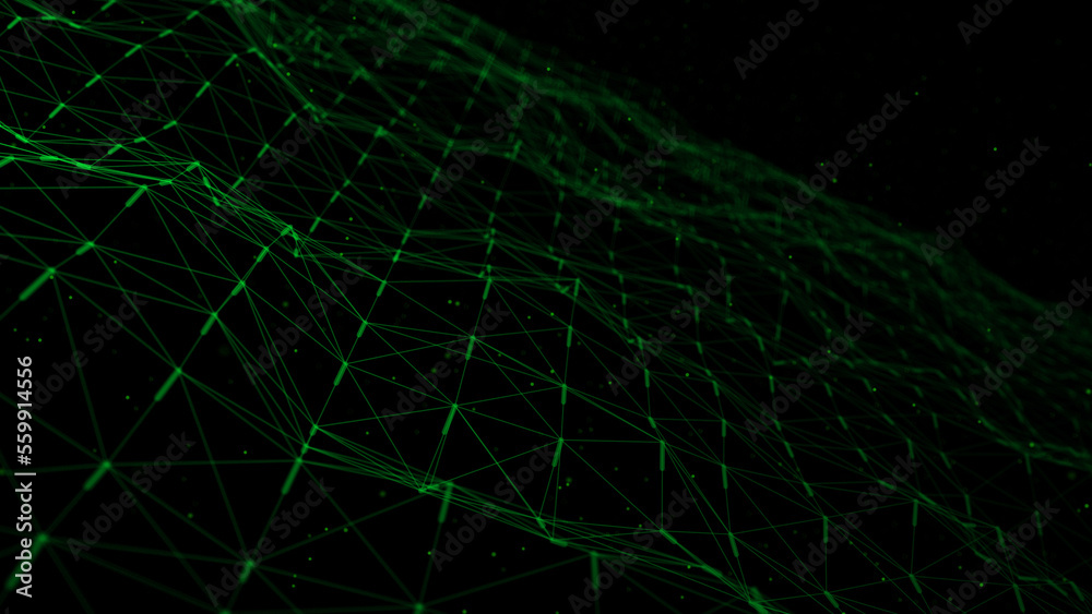 Poster Futuristic wave with lines and dots. Abstract background with a dynamic wave. Particle placement with hanging dots in space. Large data background. 3d rendering.