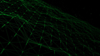 Futuristic wave with lines and dots. Abstract background with a dynamic wave. Particle placement with hanging dots in space. Large data background. 3d rendering.