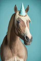 Portrait von einem Pferd mit Partyhut und Geburtstagstorte am Geburtstag feiern vor pastellfarbenen Hintergrund - obrazy, fototapety, plakaty