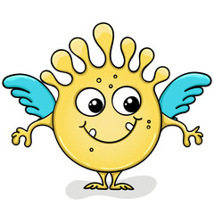 Round yellow monster with blue wings. Cute alien. Cartoon microbe. Isolated vector character.