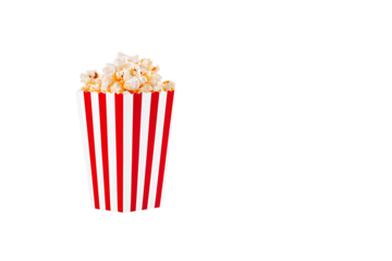 Glass with popcorn on a white background