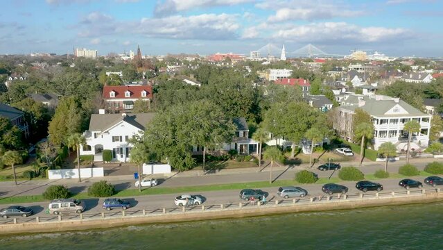 Aerial view of The Battery area of Charleston SC. from Charleston Harbor with Arthur Ravenel Jr. Bridge in the background.