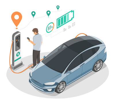 EV Electric Car Stop At Charging Station Concept Men Use Smartphone To Planning Check Location Map And Pay Monitoring In Between Travel Time And Go Work Isometric Vector Isolated