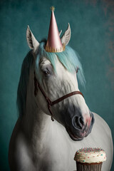 Portrait von einem Pferd mit Partyhut und Geburtstagstorte am Geburtstag feiern vor pastellfarbenen Hintergrund