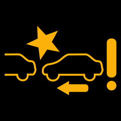 Amber vector graphic on a black background of a dashboard warning light for forward collision system detecting a potential collision