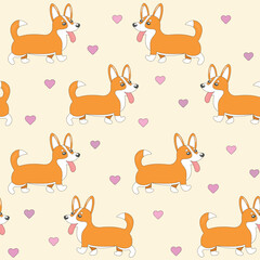 Fototapeta premium Corgi seamless pattern with little hearts. Cartoon home pet, cute puppies for print, posters and postcard. Vector welsh corgi animal background. Funny little doggy pattern. Be my Valentine concept