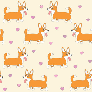 Corgi seamless pattern with little hearts. Cartoon home pet, cute puppies for print, posters and postcard. Vector welsh corgi animal background. Funny little doggy pattern. Be my Valentine concept