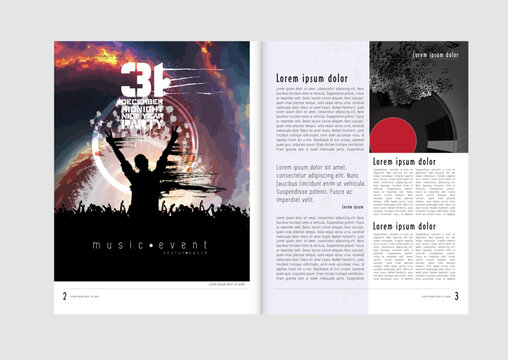 Brochure, e-book or presentation mockup with music event subject, vector illustration easy to editable