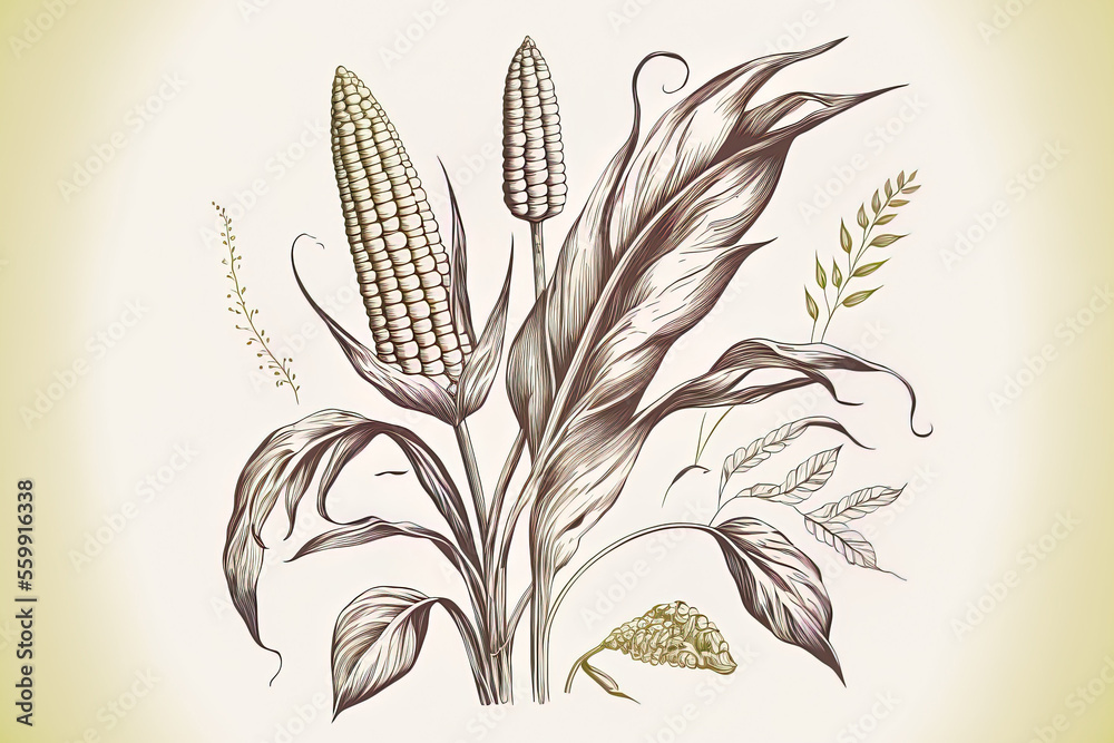 Wall mural On a white backdrop, a sketch style hand painting depicts the corn stalk and grains. Black contour line on the corn and leaves. Generative AI