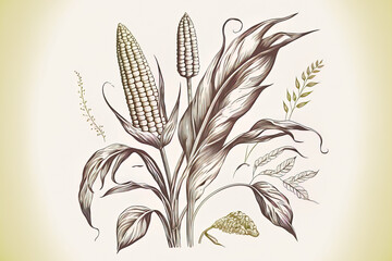 On a white backdrop, a sketch style hand painting depicts the corn stalk and grains. Black contour line on the corn and leaves. Generative AI