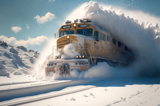 Train Plowing Through Deep Snow. Generative AI.